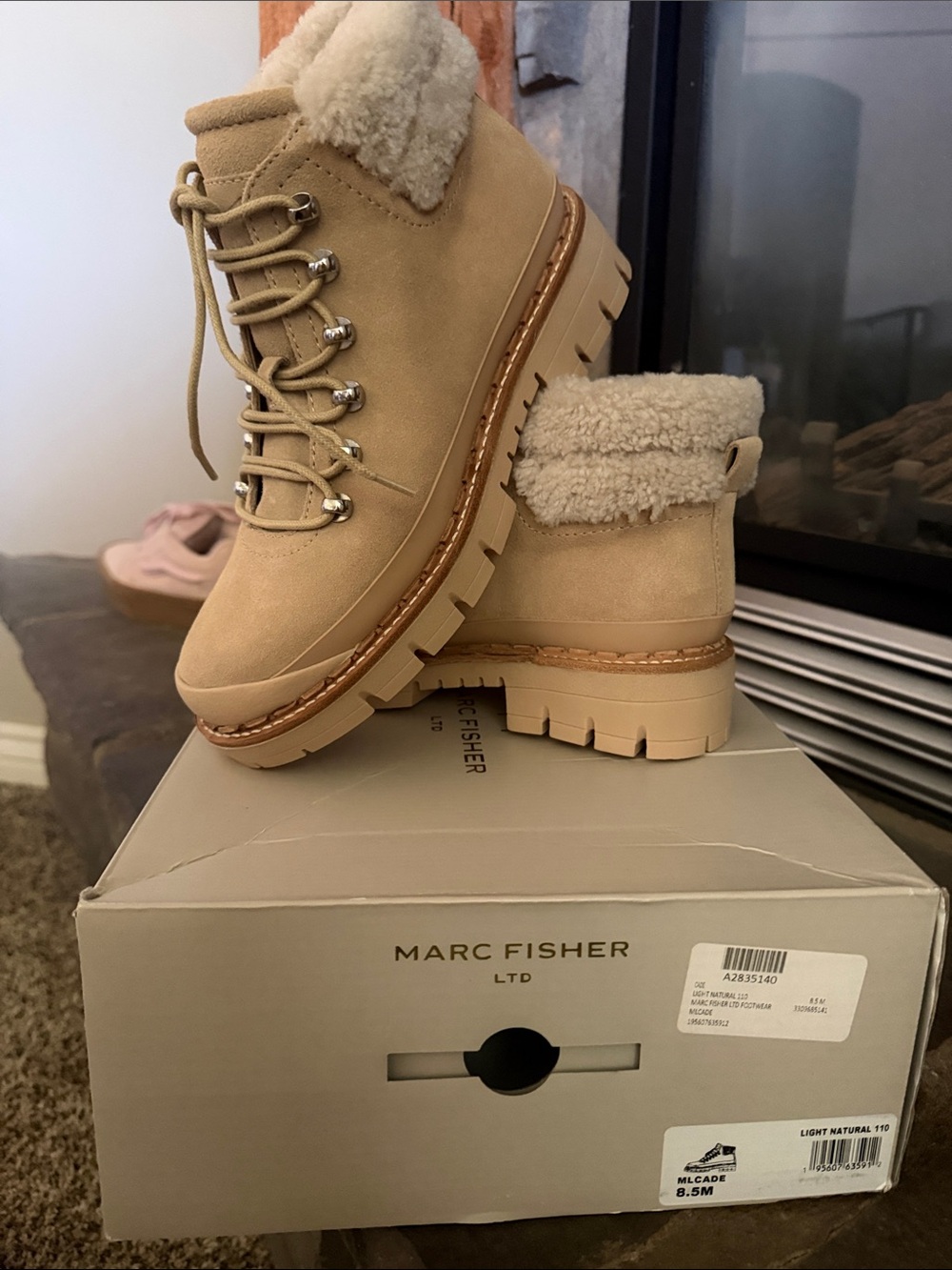 Marc Fisher Lace-Up Shearling Trim Hiking Boot in Light Natural NEW